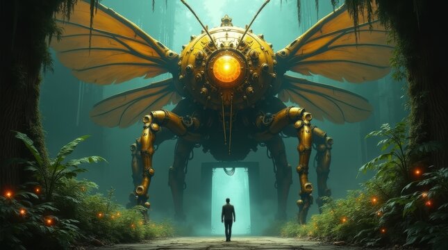 A small man standing before a giant mechanical insect robot in a dark mysterious tunnel with glowing lights and futuristic industrial style
