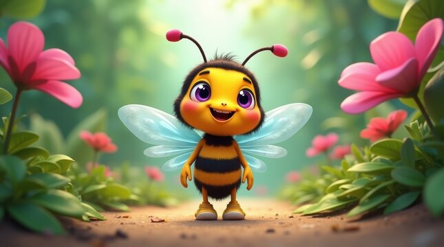Cute cartoon honey bee character standing in a beautiful colorful spring garden with pink flowers and bright green leaves on a sunny day