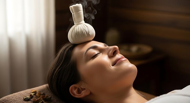 woman with closed eyes enjoys a soothing herbal compress treatment on her forehead, promoting relaxation and well-being.