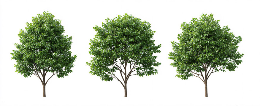 Three Ficus benjamina stand tall like leafy sentinels against a blank canvas.