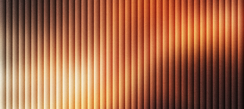 Industrial corrugated metal texture with warm copper lighting, abstract vertical lines on a metallic surface background, copper colored ribbed steel panel with soft glow and shadow effects.