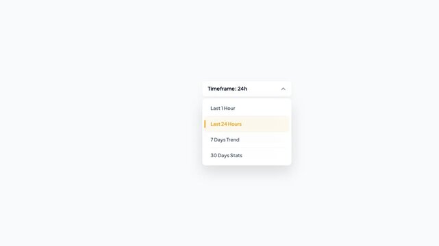 Timeframe Filter Dropdown Menu UI Component with Animated Selection of Last 24 Hours Option on White Background Motion Graphic