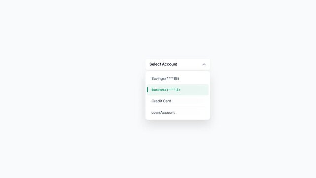 Select Account Dropdown Menu UI Component with Animated Selection of Business Account Option on White Background Motion Graphic