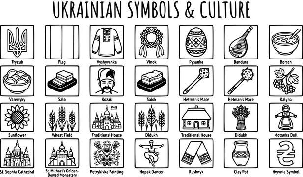 Ukrainian Symbols  Culture Line Art Icons Set: Traditional National Heritage Elements and Cultural Objects Collection. Ethnic Educational Outline Glyphs.