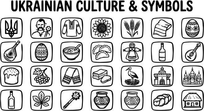 Ukrainian Culture and Symbols Black and White Line Art Icon Set. Traditional Food, Landmarks, Folk Art, and National Elements Vector Illustration.
