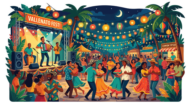 Vibrant vector illustration of a Vallenato music festival at night with people dancing to live accordion music under lanterns and palm trees in Colombia
