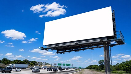 Fototapeta premium Blank white billboard mockup against a bright blue sky with clouds.
