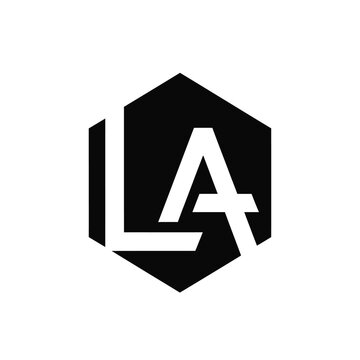 Minimalist black hexagon featuring the letters la in a bold sans serif typography style