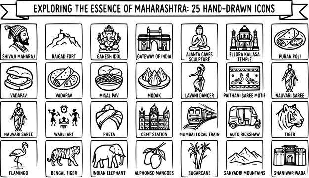Maharashtra Travel  Culture: 25 Hand-Drawn Black  White Line Art Icons of Indian Landmarks, Food, Animals, and Heritage Symbols.