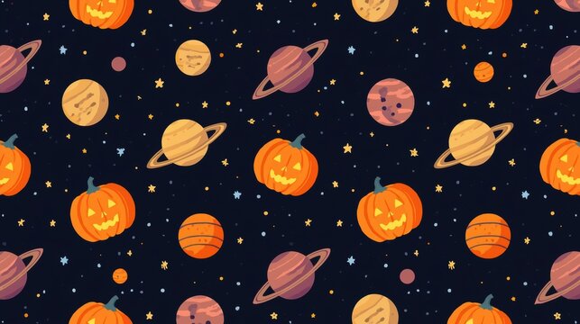 Seamless pattern with cute cartoon pumpkins and planets in space on a black background