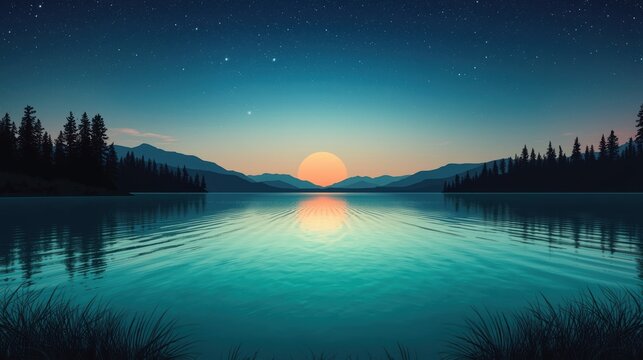 Beautiful sunset over a calm lake with mountains and pine trees under a starry night sky