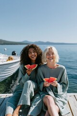 Fototapeta premium Two friends eating watermelon on a lakeside dock in summer smiling by a boat for lifestyle background and banner design