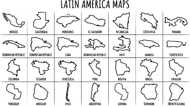 Black and White Line Art Map Collection of Latin America Countries