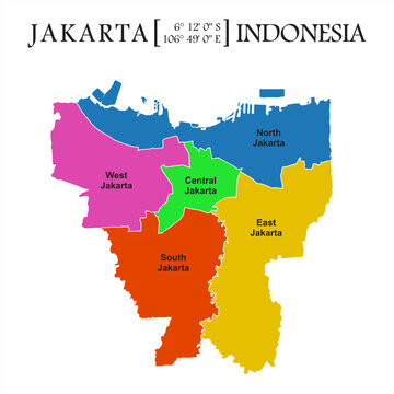 Illustrations of Jakarta Map with distinct color in each region and white boundary lines