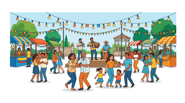 People dancing at a vibrant outdoor vallenato music festival with live band food stalls and colorful decorations under string lights in a park setting