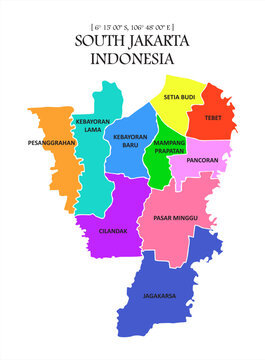 Illustrations of South Jakarta Map with distinct color in each region and white boundary lines