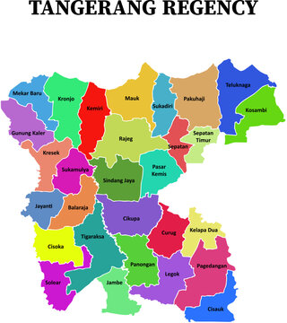 Illustration of Tangerang Regency Map with distinct color for each region and white boundary lines