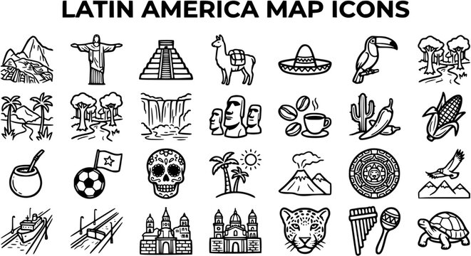 Latin America Map Icons: Black and White Line Art Collection for Travel and Culture