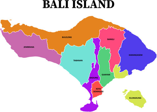 Illustration of Bali Island Map with distinct color for each region and white boundary lines