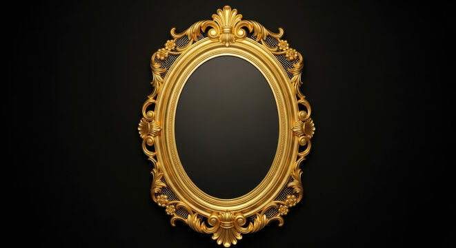 An ornate, gold-framed mirror against a black background.