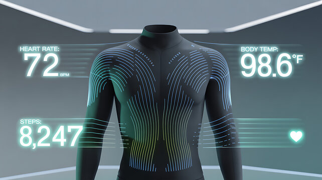 Futuristic smart clothing with integrated biometric sensors displaying real-time health data, including heart rate, body temperature, and activity levels, visualized in glowing HUD elements.