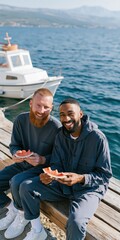 Fototapeta premium Two friends eating watermelon on a dock by a boat with sea view for travel lifestyle banner and coastal leisure design