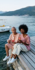 Fototapeta premium Young couple sitting on a wooden dock eating grapefruit by the sea for summer lifestyle banner and travel background