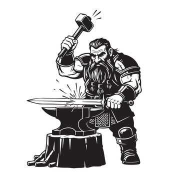 Dwarf blacksmith forging a sword on an anvil with hammer silhouette vector illustration, fantasy character creating weapon
