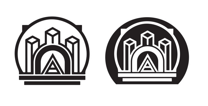 Two minimalist geometric castle emblems featuring architectural arches and triangular structures isolated on transparent background
