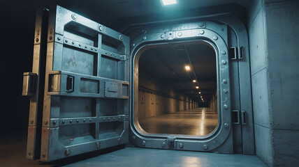 Fototapeta premium Heavy steel blast door stands open revealing a dimly lit underground corridor 