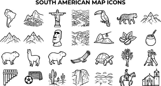 South American Map Icons Set: Travel, Culture, Nature, Wildlife, Landmarks, Andes, Brazil, Argentina, Peru, Chile, Icons, Line Art