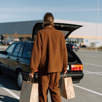 Individual carrying grocery bags toward open car trunk in a shopping plaza parking lot for shopping background and lifestyle banner design