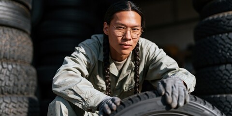 Fototapeta premium Young mechanic with braided hair handling a tire in garage background for workshop banner and industrial design