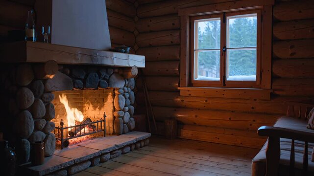 Cozy rustic cabin interior with a burning stone fireplace in winter. Seamless looping 4k video background