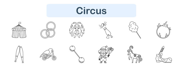 Fototapeta premium Circus set icon. Tent, rings, lion head, cannon, cotton candy, fire ring, stilts, bird bicycle, balance bar, clown, horse, boot. Performance show, carnival attraction visuals.