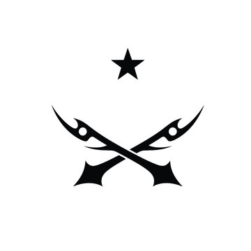 Crossed tribal daggers or swords with a single star, black and white minimalist symbol