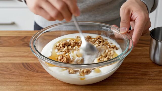 Preparing healthy breakfast bowl with greek yogurt, crunchy granola, and honey drizzle in modern kitchen