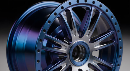Obraz premium Custom anodized blue and purple titanium car wheel rim studio shot