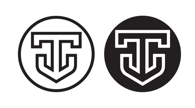 Minimalist geometric letter t shield logo symbols in black and white variations displayed together on transparent background
