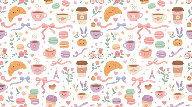 Kawaii French Cafe Food  Drink Seamless Pattern. Cute Croissants, Coffee, Macarons, Flowers. Flat Vector.