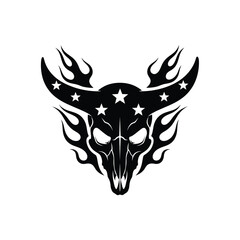 Fototapeta premium Stylized bull skull with flaming horns and stars on white background