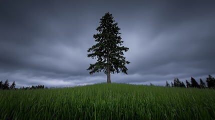 Fototapeta premium Majestic lone tree on hilltop under dramatic stormy sky panorama