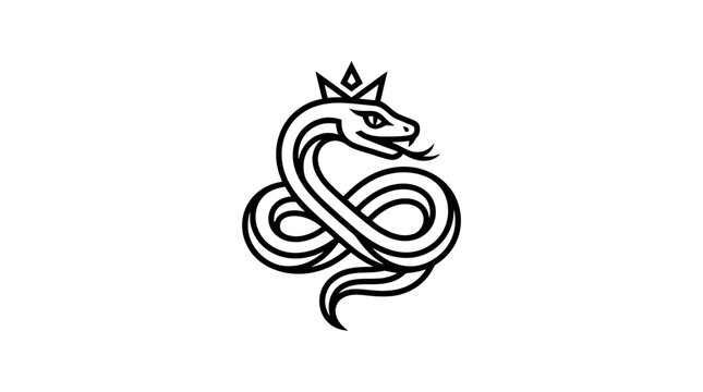 Royal King Snake Mascot Logo, Minimalist Coiled Serpent with Crown Vector Illustration, Black and White Line Art