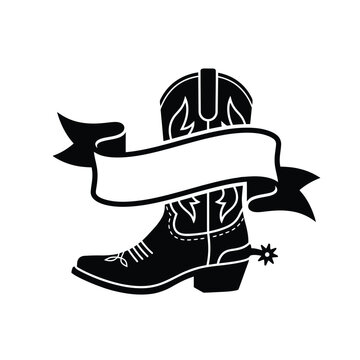 Cowboy boot silhouette with a blank ribbon banner and metal spur