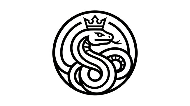 Royal King Snake Logo Vector Illustration, Coiled Serpent with Crown in Circular Emblem