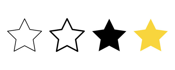 Obraz premium Four stars icon in row showing different styles including outline, solid black, and yellow. Rating system sign for user feedback, customer satisfaction, or review process evaluation. Vector