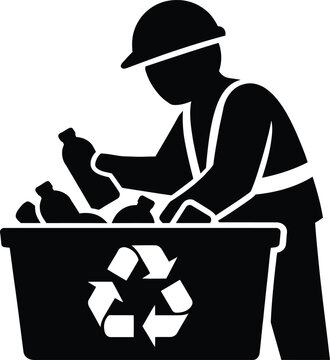 Worker in hard hat sorting plastic bottles into recycling bin with green symbol vector silhouette