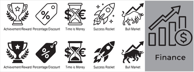 Fototapeta premium FinTech and Trading Icon Set with Startup Rocket and Bull Market Trend