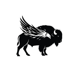 Black silhouette of a bison with eagle wings isolated on a white background © dipu