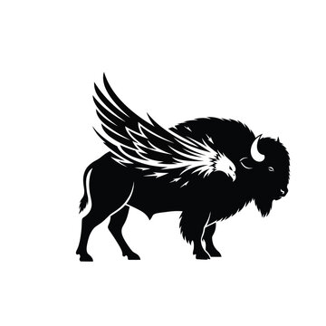Black silhouette of a bison with eagle wings isolated on a white background